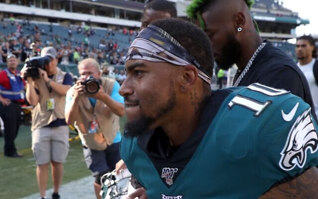 Philadelphia Eagles wide receiver DeSean Jackson on the sidelines of Lincoln Financial Field in Philadelphia, on September 8, 2019. (Rob Carr/Getty Images) Philadelphia Eagles wide receiver DeSean Jackson on the sidelines of Lincoln Financial Field in Philadelphia, on September 8, 2019. (Rob Carr/Getty Images)