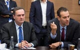 Then-transportation minister Israel Katz, left, and MK Miki Zohar at a Knesset committee meeting, March 23, 2016. (Yonatan Sindel/Flash90/File)