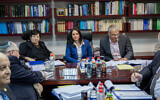Then-justice minister Ayelet Shaked seen with then-chief justice Miriam Naor, then-Finance Minister Moshe Kahlon and members of the Judicial Appointments Committee at a meeting in Jerusalem, on February 22, 2017. (Yonatan Sindel/Flash90)