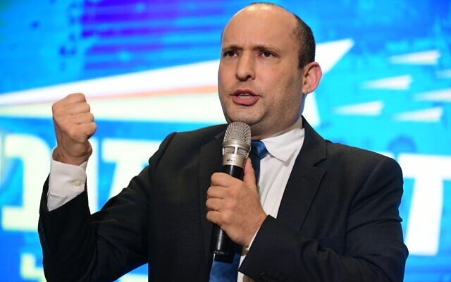 Then-defense minister Naftali Bennett at the Yamina campaign launch ahead of the general elections, on February 12, 2020. (Tomer Neuberg/Flash90)