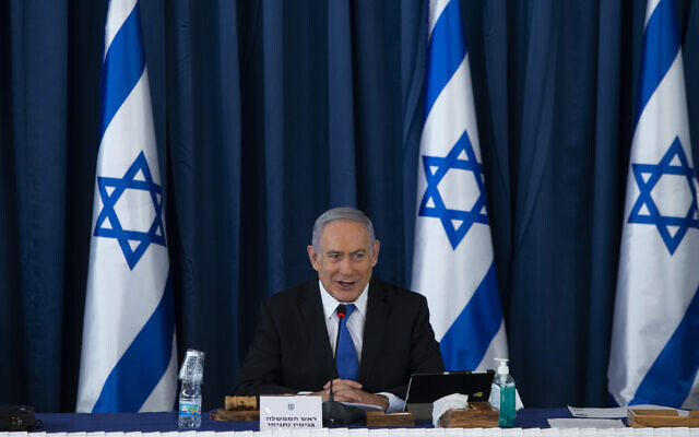 Prime Minister Benjamin Netanyahu attends the weekly cabinet meeting at the Foreign Ministry in Jerusalem, on July 5, 2020. (Amit Shabi/Pool/Flash90) Prime Minister Benjamin Netanyahu attends the weekly cabinet meeting at the Foreign Ministry in Jerusalem, on July 5, 2020. (Amit Shabi/Pool/Flash90)