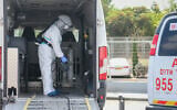 A worker disinfects a car outside the Sheba Medical Center in Ramat Gan on July 13, 2020 (Yossi Zeliger/Flash90)