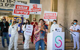Illustrative: Ilana Cohen, chairwoman of the National Nurses Union, speaks during a protest at Sheba Medical Center in Ramat Gan, on July 20, 2020, after nurses announced a general strike. (Flash90)