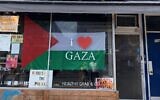 Foodbenders store owned by Kimberly Hawkins, with a pro-Palestinian banner in the window. (Foodbenders/Instagram via JTA)
