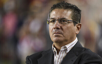 Redskins owner Daniel Snyder on the sideline before a Monday Night Football game against the Chicago Bears at FedEx Field. (Jonathan Newton / The Washington Post via Getty Images via JTA)