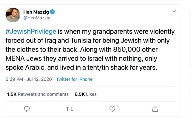 Screen capture of the Twitter page of Israeli writer and activist Hen Mazzig in a post using the JewishPriveleg hashtag, July 12, 2020. (Twitter) Screen capture of the Twitter page of Israeli writer and activist Hen Mazzig in a post using the JewishPriveleg hashtag, July 12, 2020. (Twitter)