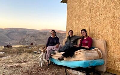 (From L-R) T'heeya Gozlan, Ora Hodaya and Shalhevet Goldstein in the Maoz Esther outpost on July 12, 2020. (Jacob Magid/Times of Israel)