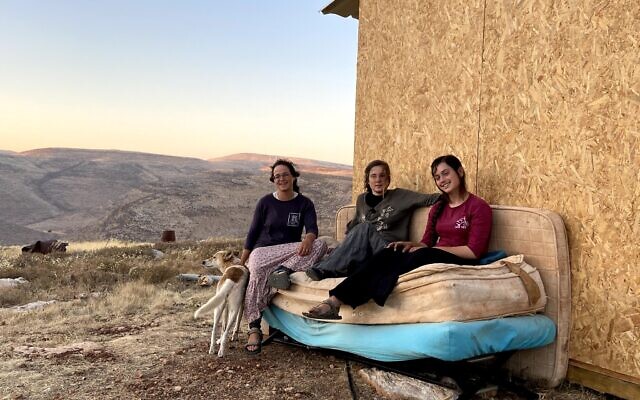 (From L-R) T'heeya Gozlan, Ora Hodaya and Shalhevet Goldstein in the Maoz Esther outpost on July 12, 2020. (Jacob Magid/Times of Israel)