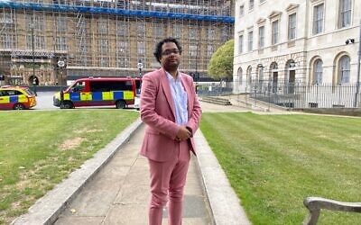 Stephen Bush, the new chairman for the British Board of Deputies' Commission on Racial Inclusivity, standing in front of the House of Commons in Westminster, July 15, 2020. (Jenni Frazer/ Times of Israel)