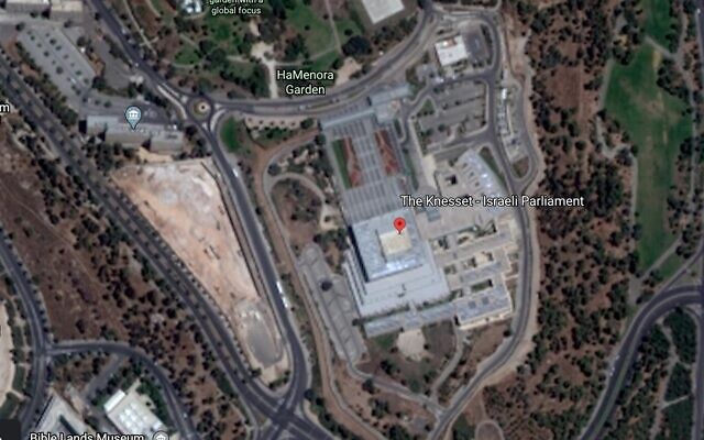 Screen capture of the Knesset building in Jerusalem as seen on Google Earth. (Google Earth) Screen capture of the Knesset building in Jerusalem as seen on Google Earth. (Google Earth)