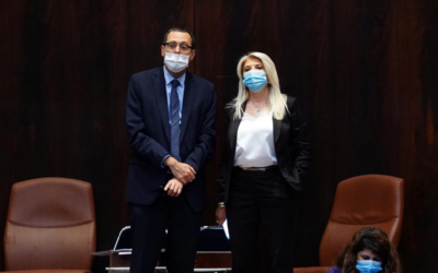MKs Zvi Hauser (Derech Eretz) and Osnat Mark (Likud) in the Knesset on July 15, 2020. (Knesset)