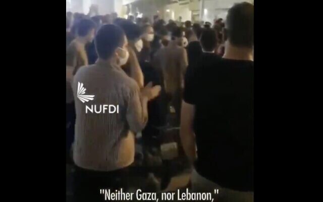 A screen capture from unverified video on social media shows an anti-regime protest in the Iranian city of Behbahan on July 16, 2020. (Screen capture: Twitter) A screen capture from unverified video on social media shows an anti-regime protest in the Iranian city of Behbahan on July 16, 2020. (Screen capture: Twitter)