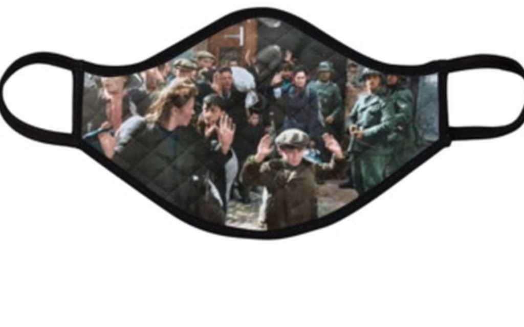 A screenshot of the webpage advertising a face mask emblazoned with a famous photo from the Holocaust. (Screenshot from www.HolocaustFaceMasks.com via JTA) A screenshot of the webpage advertising a face mask emblazoned with a famous photo from the Holocaust. (Screenshot from www.HolocaustFaceMasks.com via JTA)