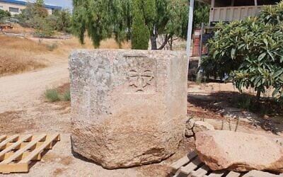 A 5th century CE stone baptismal font that was taken by antiquities thieves from Tel Teqoa and then recovered by Israeli authorities in the West Bank twenty years later, July 20, 2002. (COGAT Spokesperson's Office)