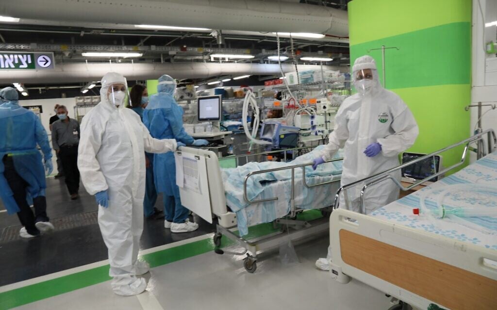 A drill at Rambam Medical Center to transform its underground parking and wartime hospital ward facilities into an emergency hospital for large numbers of coronavirus patients, July 2020. (Courtesy of Rambam Health Care Campus) A drill at Rambam Medical Center to transform its underground parking and wartime hospital ward facilities into an emergency hospital for large numbers of coronavirus patients, July 2020. (Courtesy of Rambam Health Care Campus)