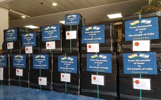 Boxes of medical equipment in the Foreign Ministry storage room, waiting to be sent to India, July 2020 (courtesy MFA) Boxes of medical equipment in the Foreign Ministry storage room, waiting to be sent to India, July 2020 (courtesy MFA)