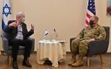 US Chairman of the Joint Chiefs of Staff Gen. Mark Milley (right) meets with Defense Minister Benny Gantz at Nevatim Air Base, July 24, 2020 (IDF)