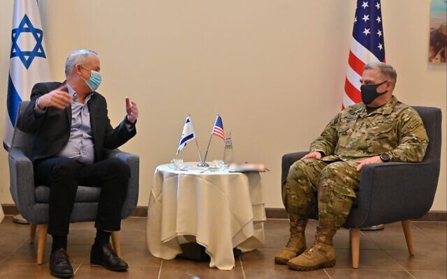US Chairman of the Joint Chiefs of Staff Gen. Mark Milley (right) meets with Defense Minister Benny Gantz at Nevatim Air Base, July 24, 2020 (IDF) US Chairman of the Joint Chiefs of Staff Gen. Mark Milley (right) meets with Defense Minister Benny Gantz at Nevatim Air Base, July 24, 2020 (IDF)