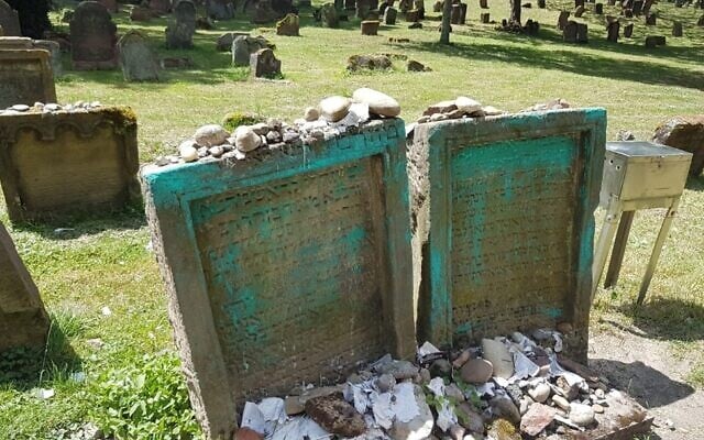 Vandalized gravestones at the medieval Jewish cemetery in the German city of Worms. (City of Worms website via JTA) Vandalized gravestones at the medieval Jewish cemetery in the German city of Worms. (City of Worms website via JTA)