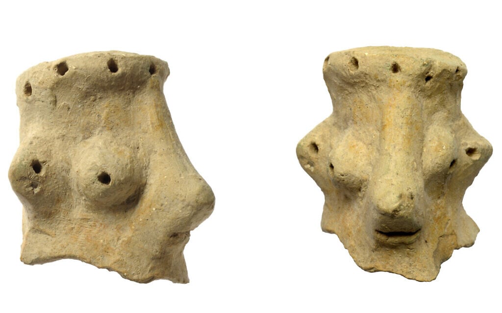 The face of Yahweh? Views of a clay head dated to the 10th century BC, found at Khirbet Qeiyafa. (Clara Amit, Israel Antiquities Authority)