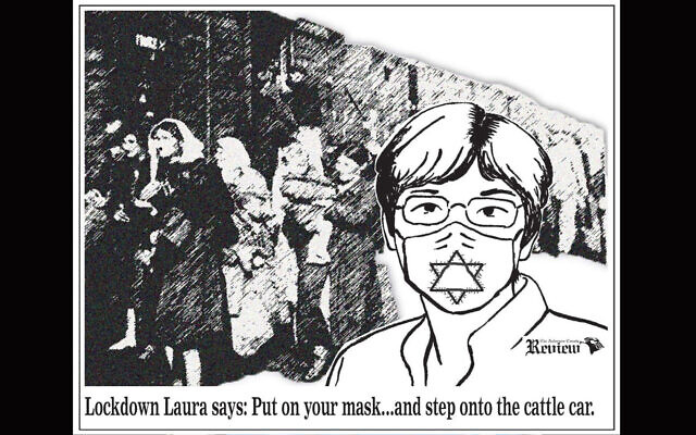 A political cartoon published July 3, 2020, by the Anderson County Review against Kansas Governor Laura Kelly's order requiring state residents to wear masks. (The Anderson County Review Facebook page via JTA) A political cartoon published July 3, 2020, by the Anderson County Review against Kansas Governor Laura Kelly's order requiring state residents to wear masks. (The Anderson County Review Facebook page via JTA)