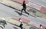 Three suspects run in Brooklyn in security camera footage that police said documents an anti-Semitic attack. (NYPD via JTA)