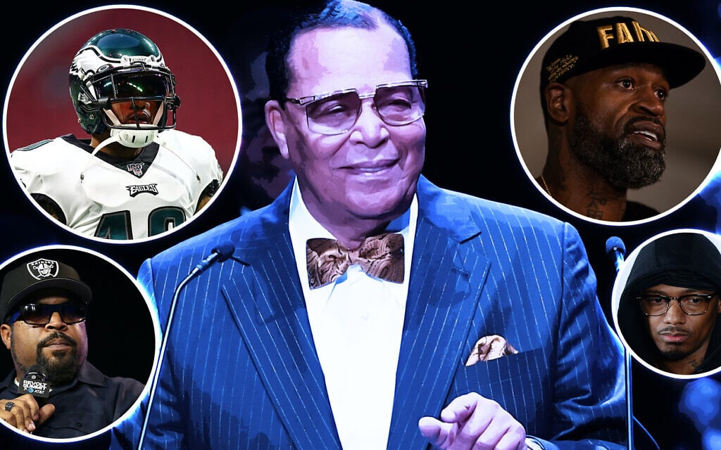 Louis Farrakhan, center, surrounded by, clockwise from top left, DeSean Jackson, Stephen Jackson, Nick Cannon and Ice Cube. (Getty Images) Louis Farrakhan, center, surrounded by, clockwise from top left, DeSean Jackson, Stephen Jackson, Nick Cannon and Ice Cube. (Getty Images)