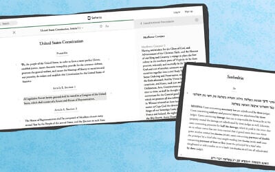 Brett Lockspeiser, a co-founder of Sefaria, hopes to apply the database's approach highlighting the interconnections between texts to other bodies of knowledge. (Screenshots from Sefaria/ via JTA)