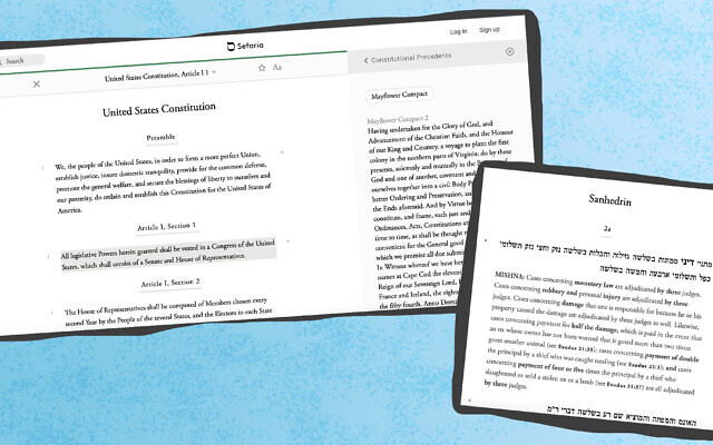 Brett Lockspeiser, a co-founder of Sefaria, hopes to apply the database's approach highlighting the interconnections between texts to other bodies of knowledge. (Screenshots from Sefaria/ via JTA)