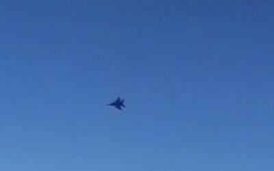 Video shared by Iran's IRIB news agency claims to show a fighter jet menacing a Mahan Air flight over Syria, July 23, 2020. (Screen capture: IRIB)