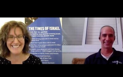 ToI Archaeology editor Amanda Borschel-Dan (left) in conversation with Israel Antiquities Authority's Joe Uziel about the physical evidence of the two major destructions of ancient Jerusalem. (screenshot)