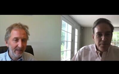 Times of Israel founding editor David Horovitz, left, interviews New York Times op-ed columnist Bret Stephens in the inaugural installment of the "Behind the Headlines" online video series, July 23, 2020. (Screenshot)