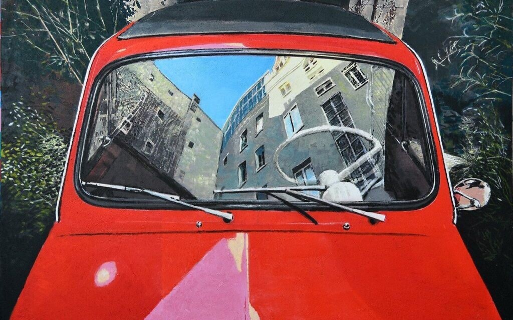 Part of David Gerstein's car series, showing the reflection of houses and trees in the windshield of a car (Courtesy David Gerstein)