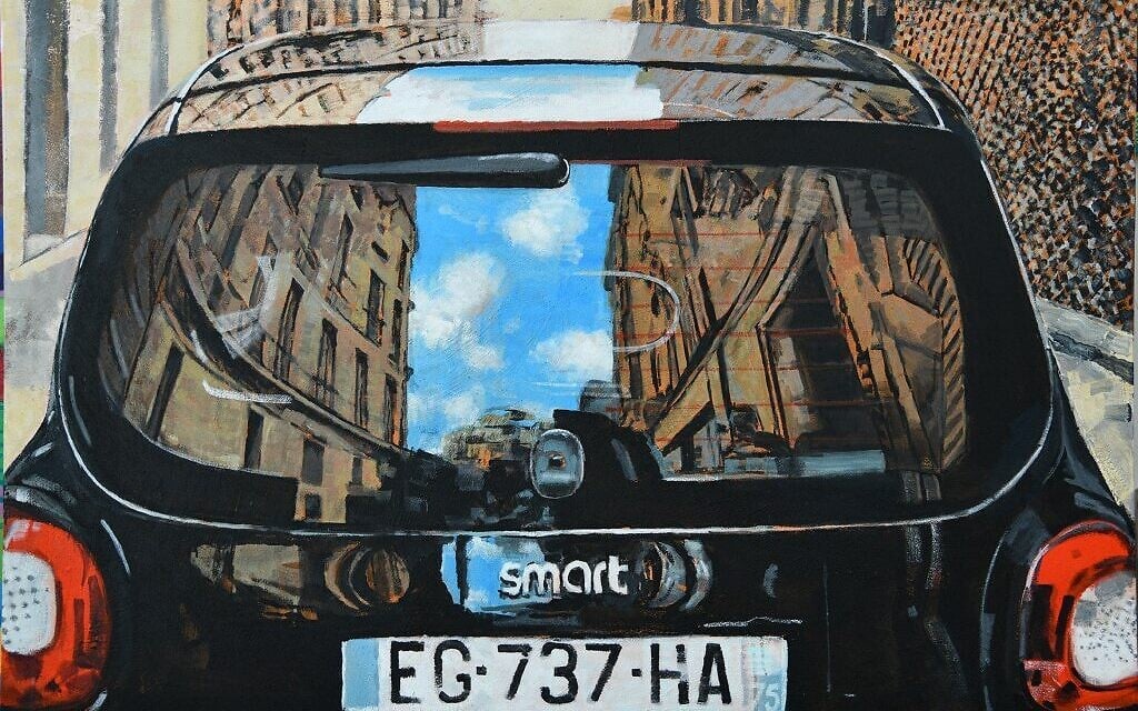 Part of David Gerstein's car series, showing the reflection of houses and trees in the windshield of a car (Courtesy David Gerstein)