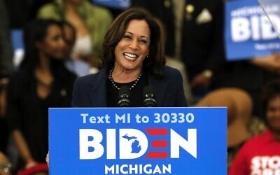 Illustrative: California Senator Kamala Harris endorses Democratic presidential candidate Joe Biden during a campaign rally at Renaissance High School in Detroit, Michigan, on March 9, 2020. (Jeff Kowalsky/AFP)