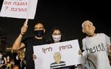 A protester wearing a face mask of Prime Minister Benjamin Netanyahu takes part in a demonstration against the government in Tel Aviv on August 1, 2020. (Jack Guez/AFP)