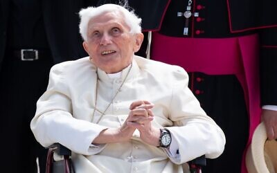 This photo taken on June 22, 2020, shows former pope Benedict XVI at the airport in Munich, southern Germany, after visiting his brother. (Sven Hoppe / POOL / AFP)