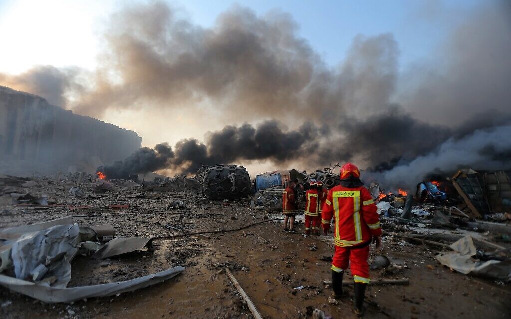 A picture shows the scene of an explosion at the port in the Lebanese capital Beirut on August 4, 2020. (STR / AFP)