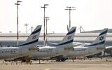 El Al planes on the tarmac at Ben Gurion Airport on August 3, 2020. (Jack Guez/ AFP)