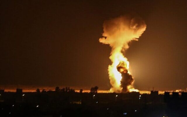 Smoke and flames rise after Israeli aircraft carry out airstrikes near the southern Gaza Strip city of Rafah on August 12, 2020. (Said Khatib/AFP) Smoke and flames rise after Israeli aircraft carry out airstrikes near the southern Gaza Strip city of Rafah on August 12, 2020. (Said Khatib/AFP)