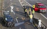 Police officers and forensic experts secure evidences at the site where a motorcycle crashed with a car, probably the car used by an alleged offender to cause several accidents on the A 100 highway in Berlin on August 19, 2020. (Photo by Odd ANDERSEN / AFP)