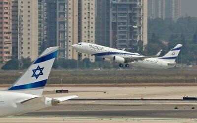 A picture taken on August 31, 2020, shows the El Al's airliner, which will carry a US-Israeli delegation to the UAE following a normalization accord, lifting off from the tarmac in the first-ever commercial flight from Israel to the UAE at Ben Gurion Airport near Tel Aviv. (JACK GUEZ / AFP)