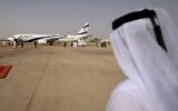 El Al's airliner, carrying a US-Israeli delegation to the UAE, landing on the tarmac at the Abu Dhabi airport, August 31, 2020. (Karim SAHIB / AFP)