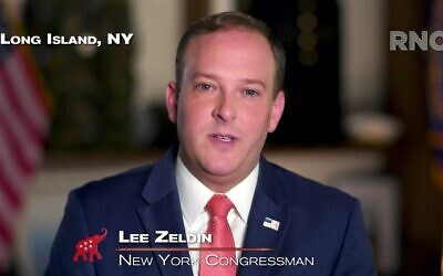 In this screenshot from the RNC’s livestream of the 2020 Republican National Convention, US Rep. Lee Zeldin (Republican of New York) addresses the virtual convention on August 26, 2020. (Courtesy of the Committee on Arrangements for the 2020 Republican National Committee via Getty Images via JTA)