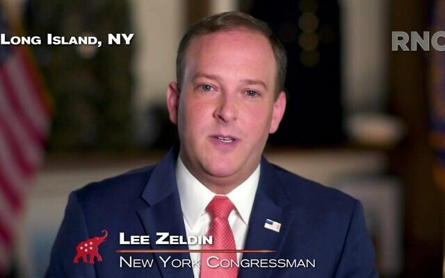 In this screenshot from the RNC’s livestream of the 2020 Republican National Convention, US Rep. Lee Zeldin (Republican of New York) addresses the virtual convention on August 26, 2020. (Courtesy of the Committee on Arrangements for the 2020 Republican National Committee via Getty Images via JTA) In this screenshot from the RNC’s livestream of the 2020 Republican National Convention, US Rep. Lee Zeldin (Republican of New York) addresses the virtual convention on August 26, 2020. (Courtesy of the Committee on Arrangements for the 2020 Republican National Committee via Getty Images via JTA)