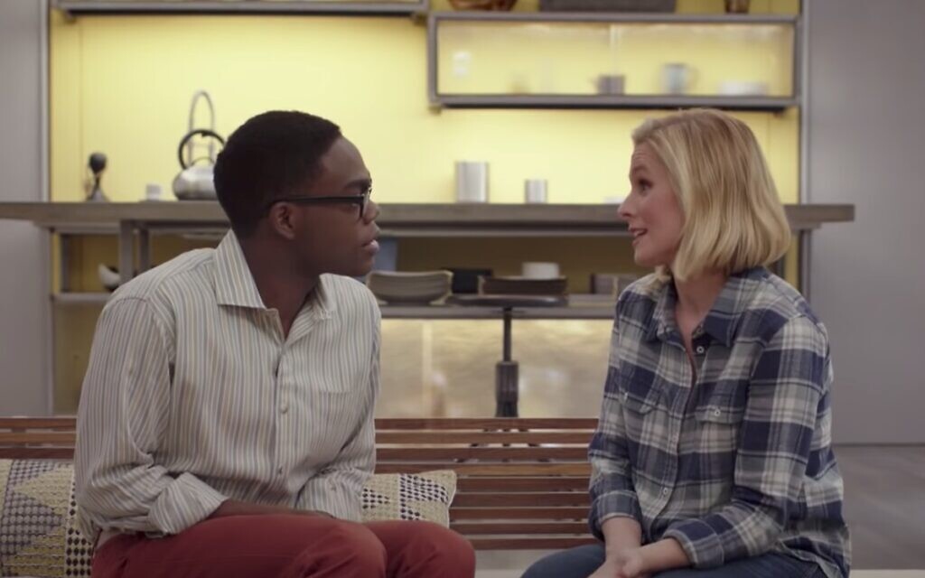 William Jackson Harper as Chidi and Kristen Bell as Eleanor on 'The Good Place.' (Screen shot from YouTube/ via JTA) William Jackson Harper as Chidi and Kristen Bell as Eleanor on 'The Good Place.' (Screen shot from YouTube/ via JTA)