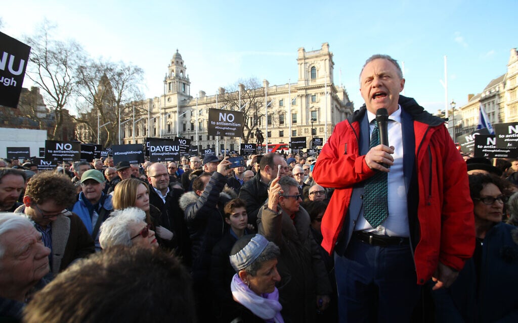 Parliament member John Mann speaks at a protest against anti-Semitism in his Labour Party in London's Parliament Square, March 26, 2018. (Yui Mok/PA Images via Getty Images/ via JTA) Parliament member John Mann speaks at a protest against anti-Semitism in his Labour Party in London's Parliament Square, March 26, 2018. (Yui Mok/PA Images via Getty Images/ via JTA)
