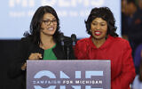 In an Oct. 26, 2018, file photo, Rashida Tlaib, left, then-Democratic candidate for the Michigan's 13th Congressional District, and Brenda Jones speak during a rally in Detroit. (AP Photo/Paul Sancya, File)