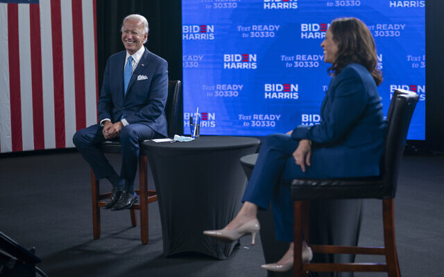 In this August 12, 2020, file photo Democratic presidential candidate Joe Biden and his running mate Sen. Kamala Harris, Democrat-California, participate in a virtual grassroots fundraiser at the Hotel DuPont in Wilmington, Delaware. (AP Photo/Carolyn Kaster, File) In this August 12, 2020, file photo Democratic presidential candidate Joe Biden and his running mate Sen. Kamala Harris, Democrat-California, participate in a virtual grassroots fundraiser at the Hotel DuPont in Wilmington, Delaware. (AP Photo/Carolyn Kaster, File)