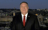 In this image from video, Secretary of State Mike Pompeo speaks from Jerusalem during the second night of the Republican National Convention on August 25, 2020. (Courtesy of the Committee on Arrangements for the 2020 Republican National Committee via AP)